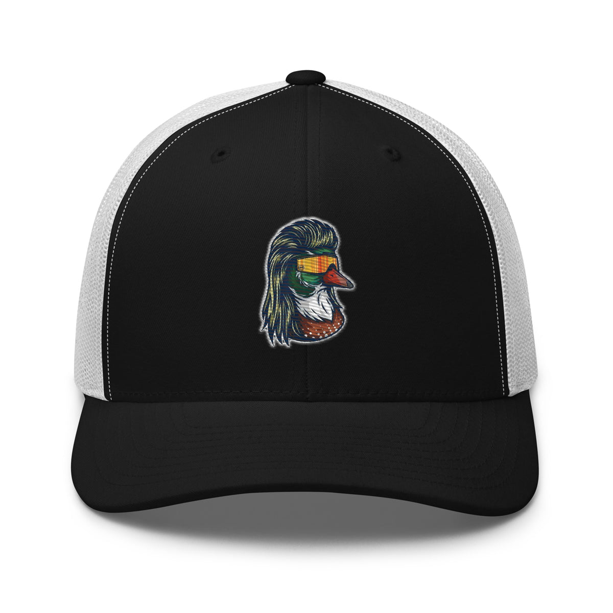 Duck Mullet embroidered black trucker hat white mesh front view – funny duck hunting cap