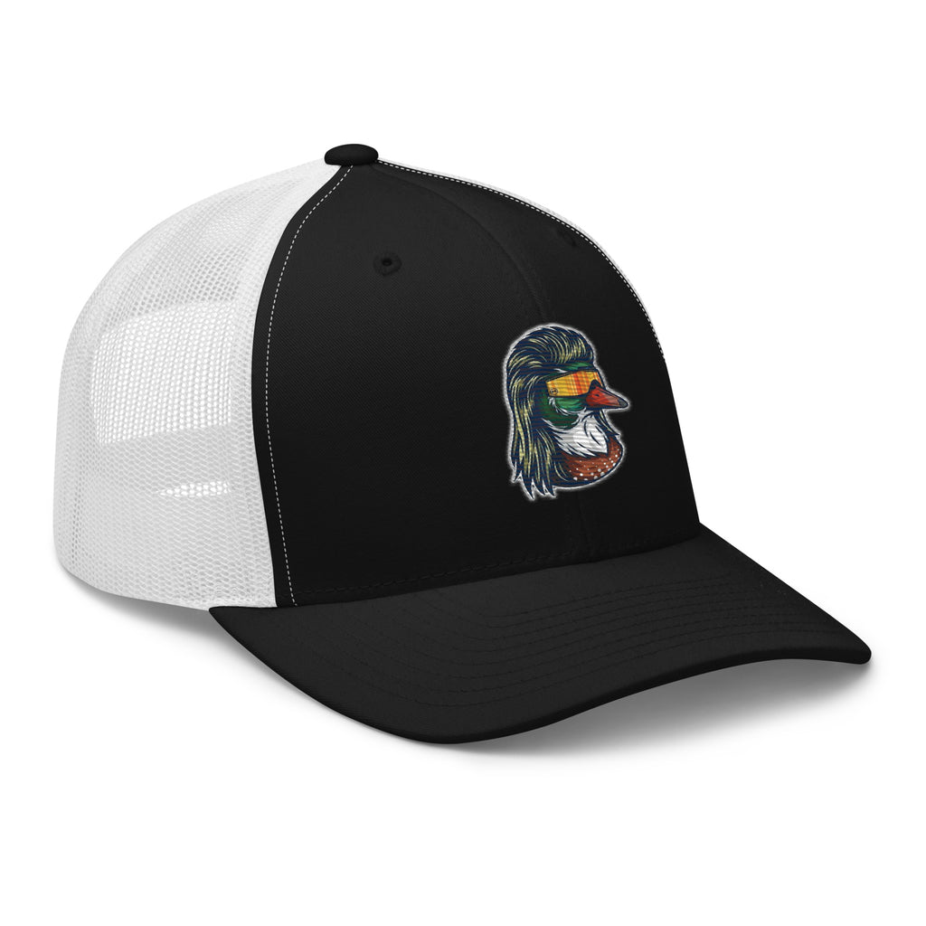 Black and white mesh Duck Mullet trucker hat side view – funny duck hunting cap