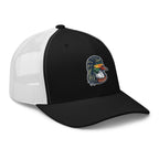 Black and white mesh Duck Mullet trucker hat side view – funny duck hunting cap