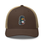 Duck Mullet embroidered brown trucker hat khaki mesh front view – funny duck hunting cap