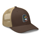 Brown and khaki mesh Duck Mullet trucker hat side view – funny duck hunting cap