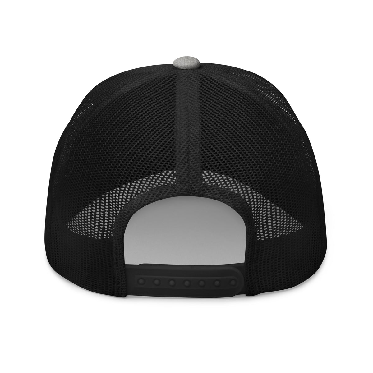 Duck Mullet gray heather black mesh trucker hat back view – adjustable snapback closure