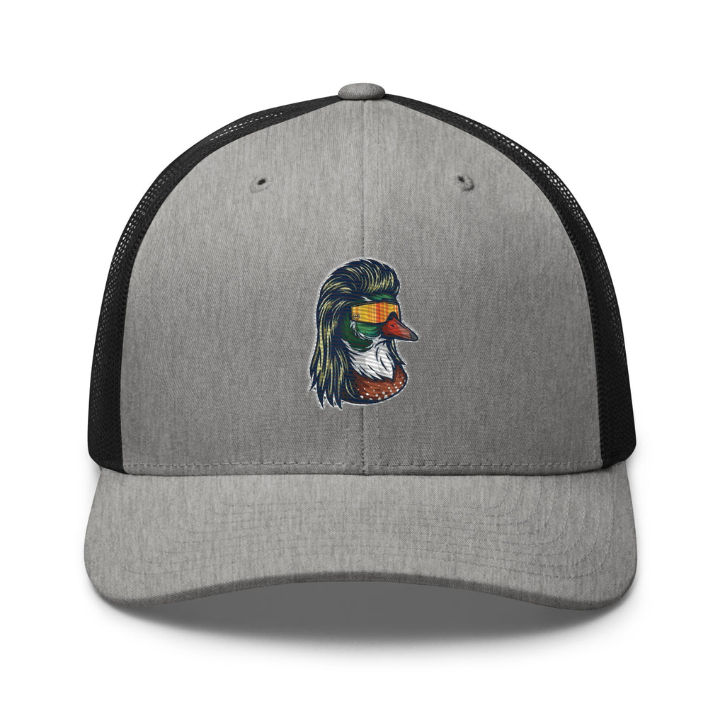Duck Mullet embroidered gray heather trucker hat black mesh front view – funny duck hunting cap