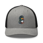 Duck Mullet embroidered gray heather trucker hat black mesh front view – funny duck hunting cap