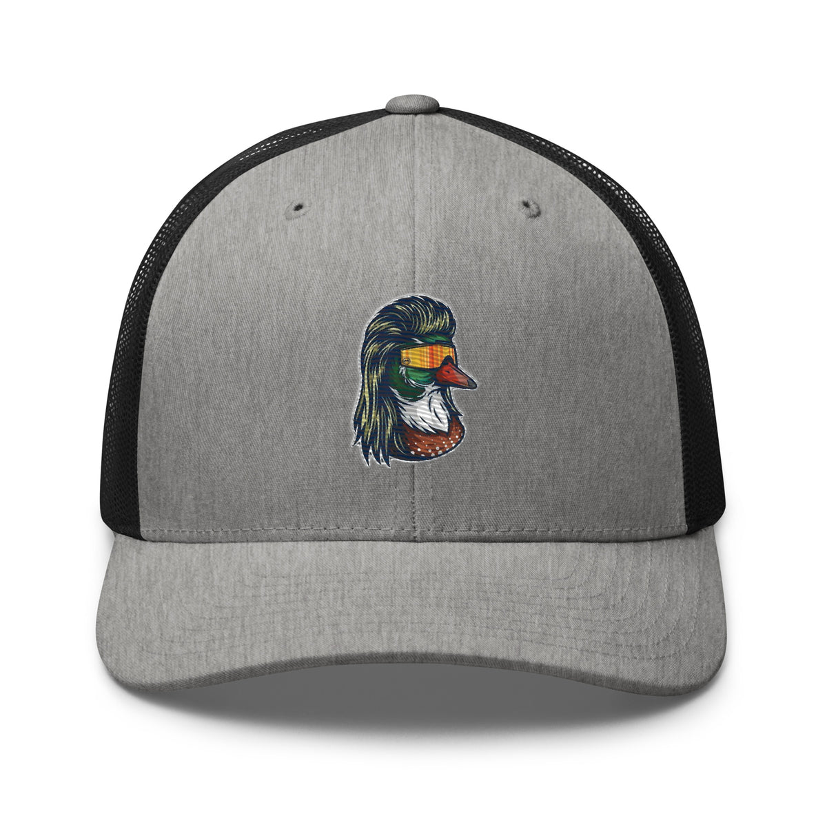 Duck Mullet embroidered gray heather trucker hat black mesh front view – funny duck hunting cap