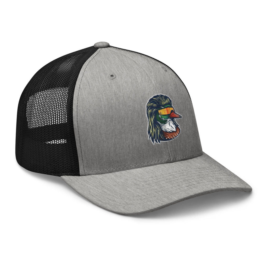 Gray heather and black mesh Duck Mullet trucker hat side view – funny duck hunting cap