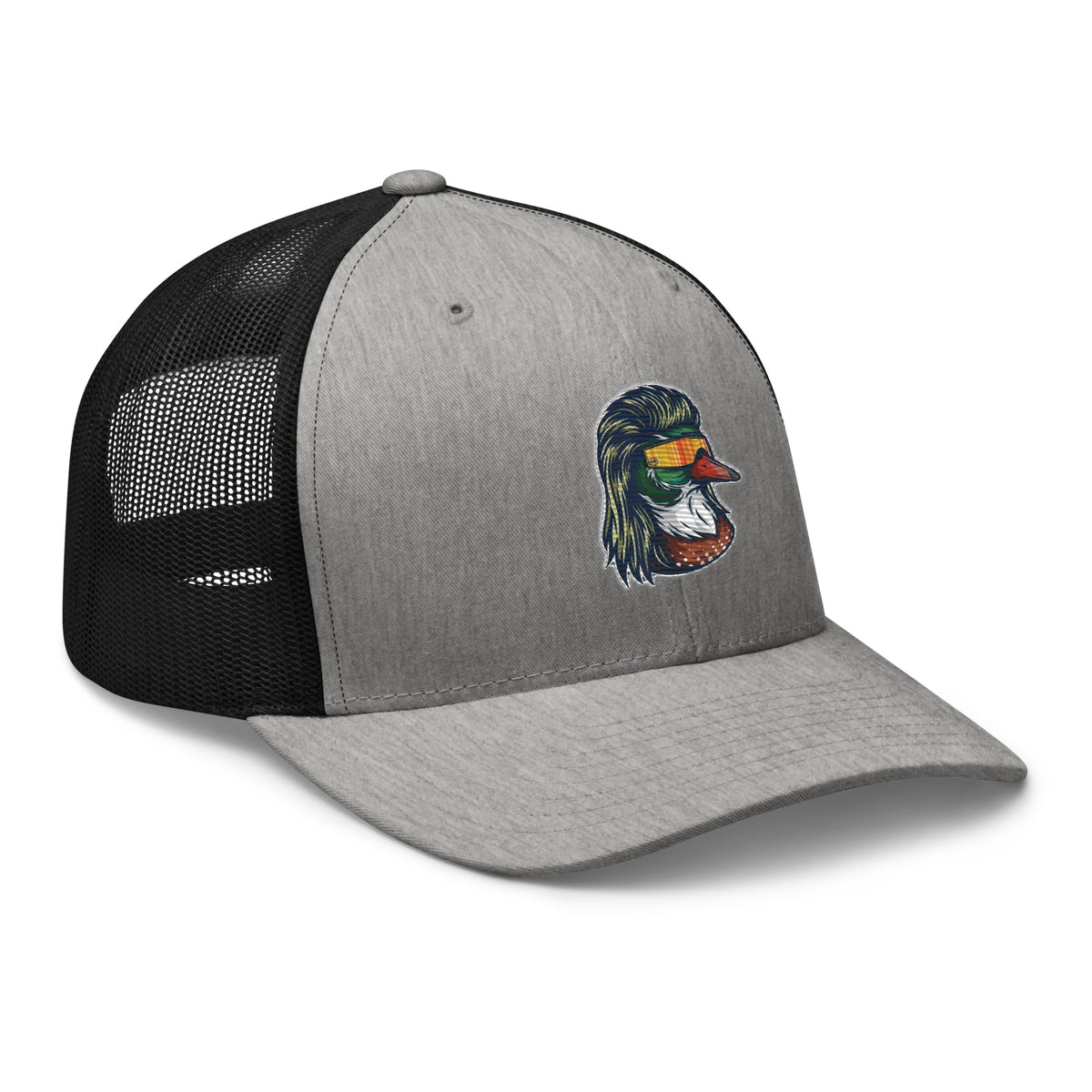 Gray heather and black mesh Duck Mullet trucker hat side view – funny duck hunting cap