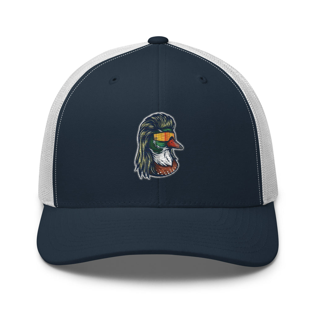 Duck Mullet embroidered navy trucker hat white mesh front view – funny duck hunting cap