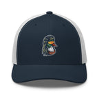 Duck Mullet embroidered navy trucker hat white mesh front view – funny duck hunting cap