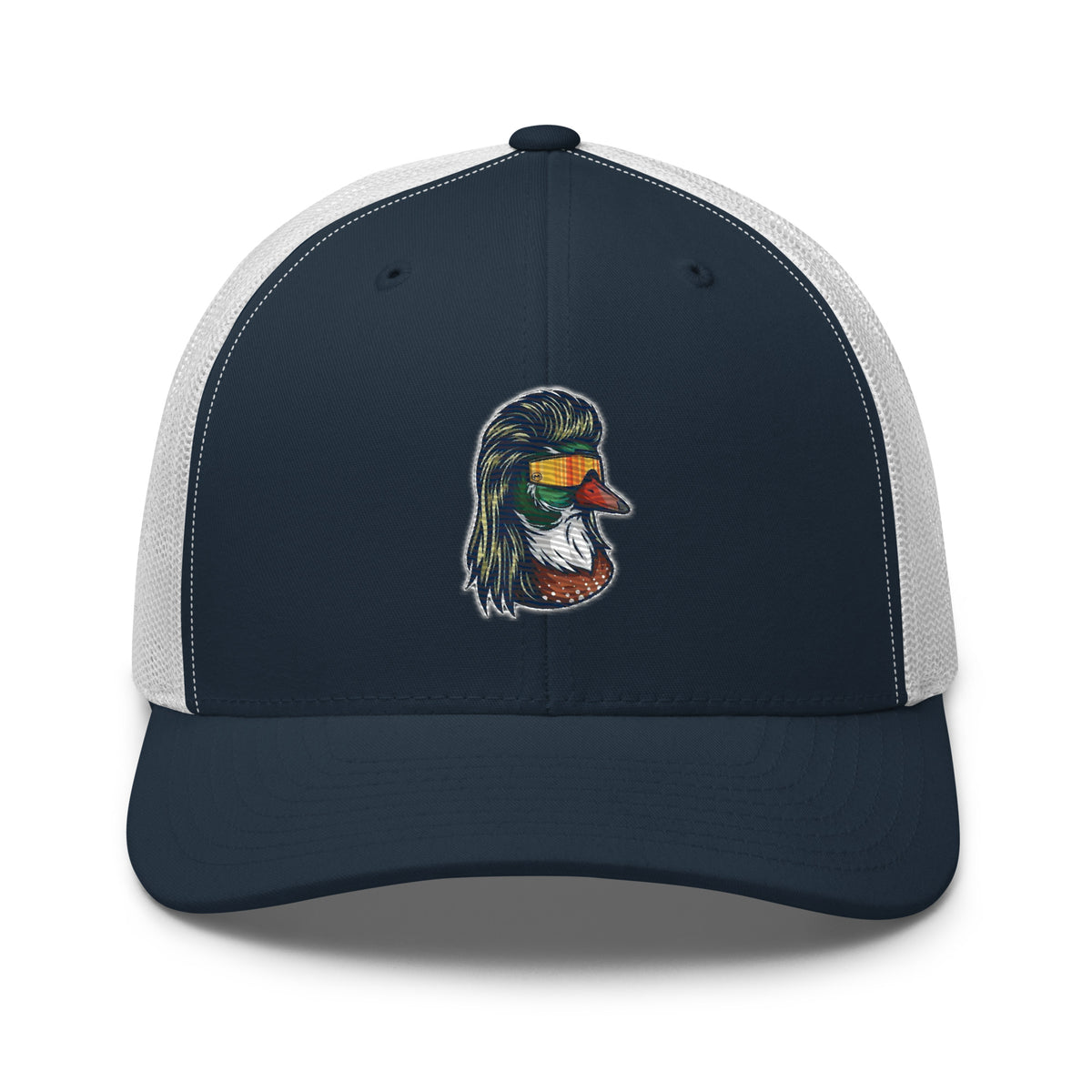 Duck Mullet embroidered navy trucker hat white mesh front view – funny duck hunting cap