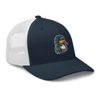 Navy and white mesh Duck Mullet trucker hat side view – funny duck hunting cap