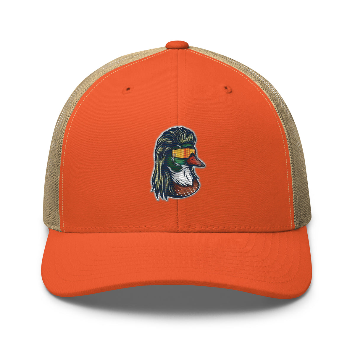 Duck Mullet embroidered rustic orange trucker hat khaki mesh front view – funny duck hunting cap