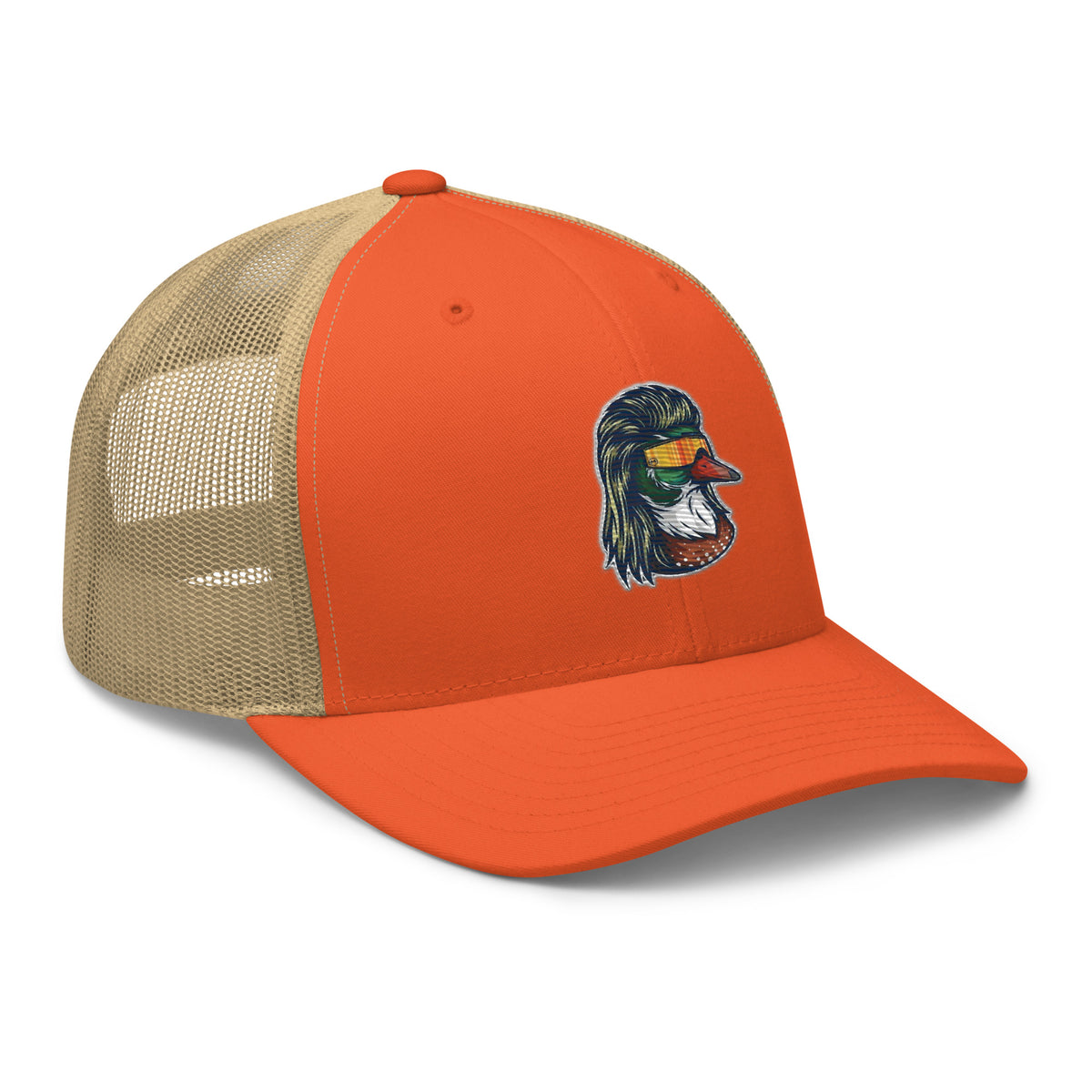 Rustic orange and khaki mesh Duck Mullet trucker hat side view – funny duck hunting cap