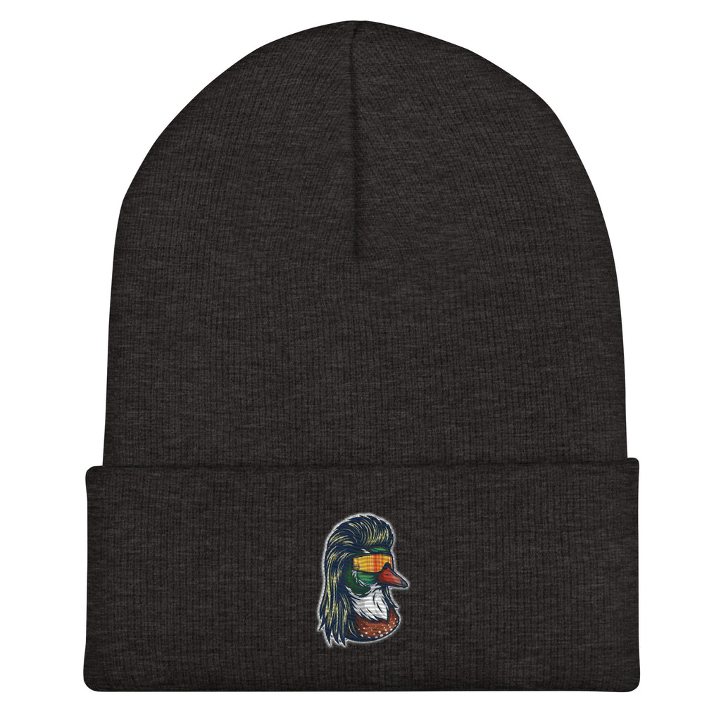 Dark gray duck with mullet embroidered beanie – funny winter hunting hat for men and women