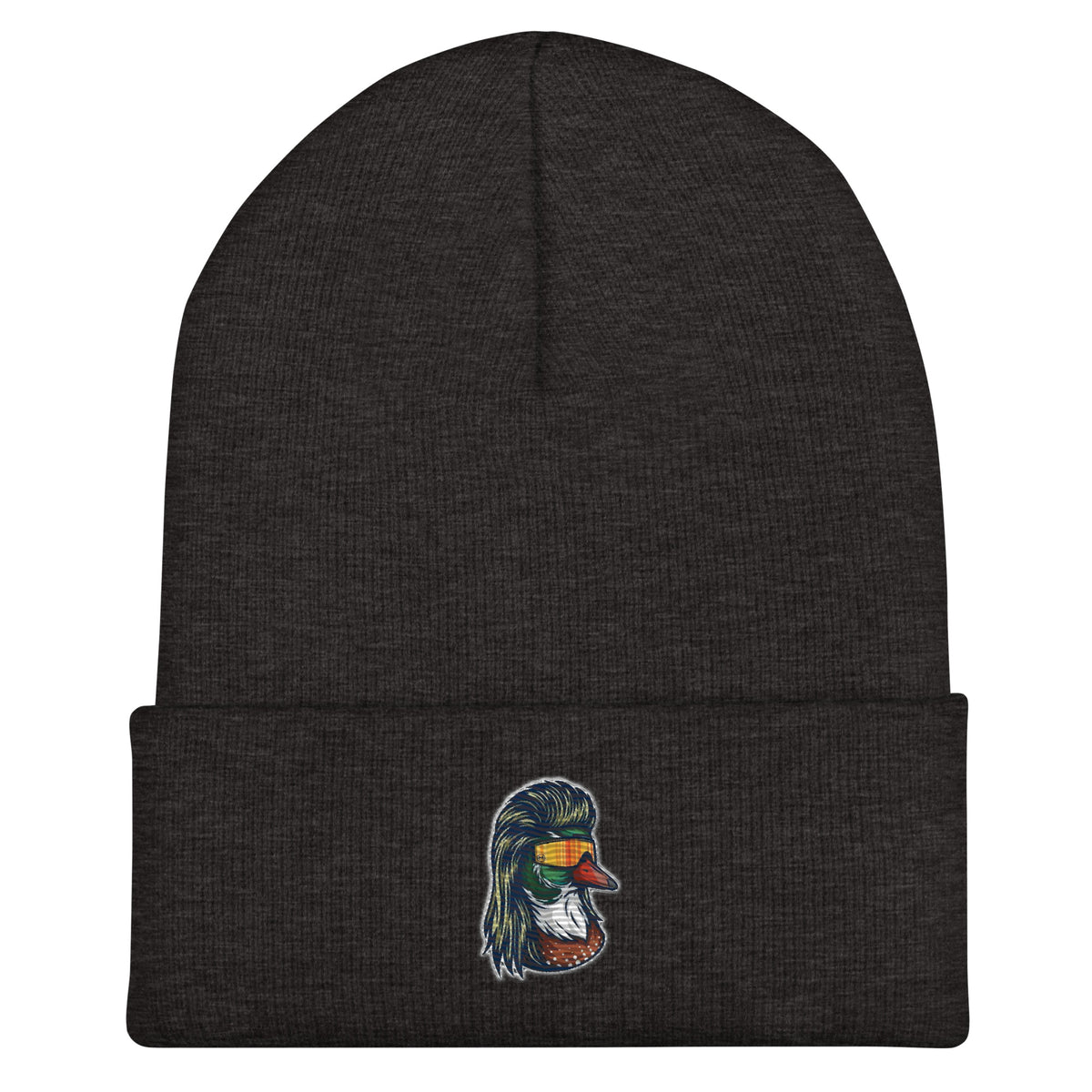 Dark gray duck with mullet embroidered beanie – funny winter hunting hat for men and women