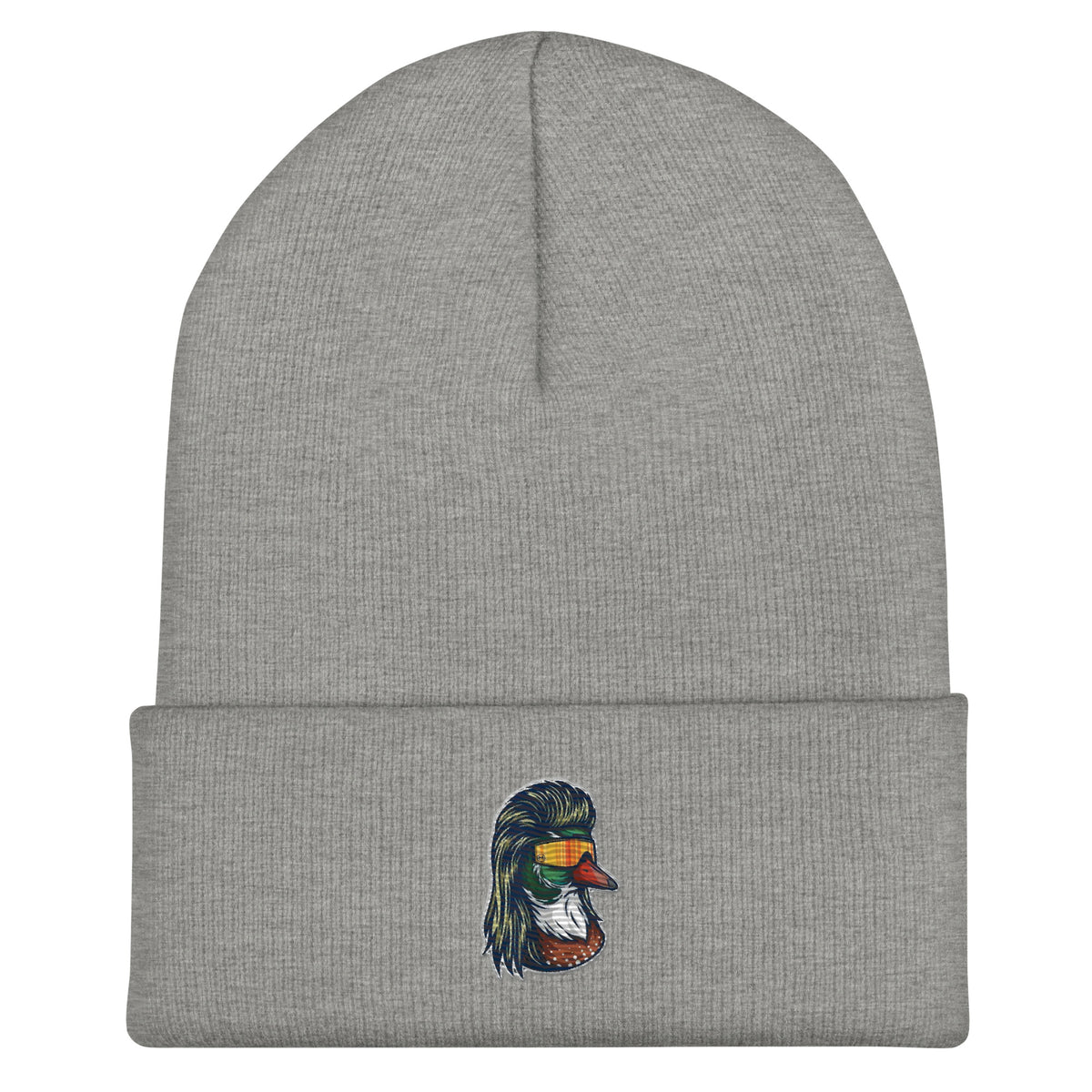 Gray heather duck with mullet beanie – embroidered funny hat for duck hunters in cold weather