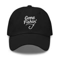Gone Fishing embroidered black dad hat front view