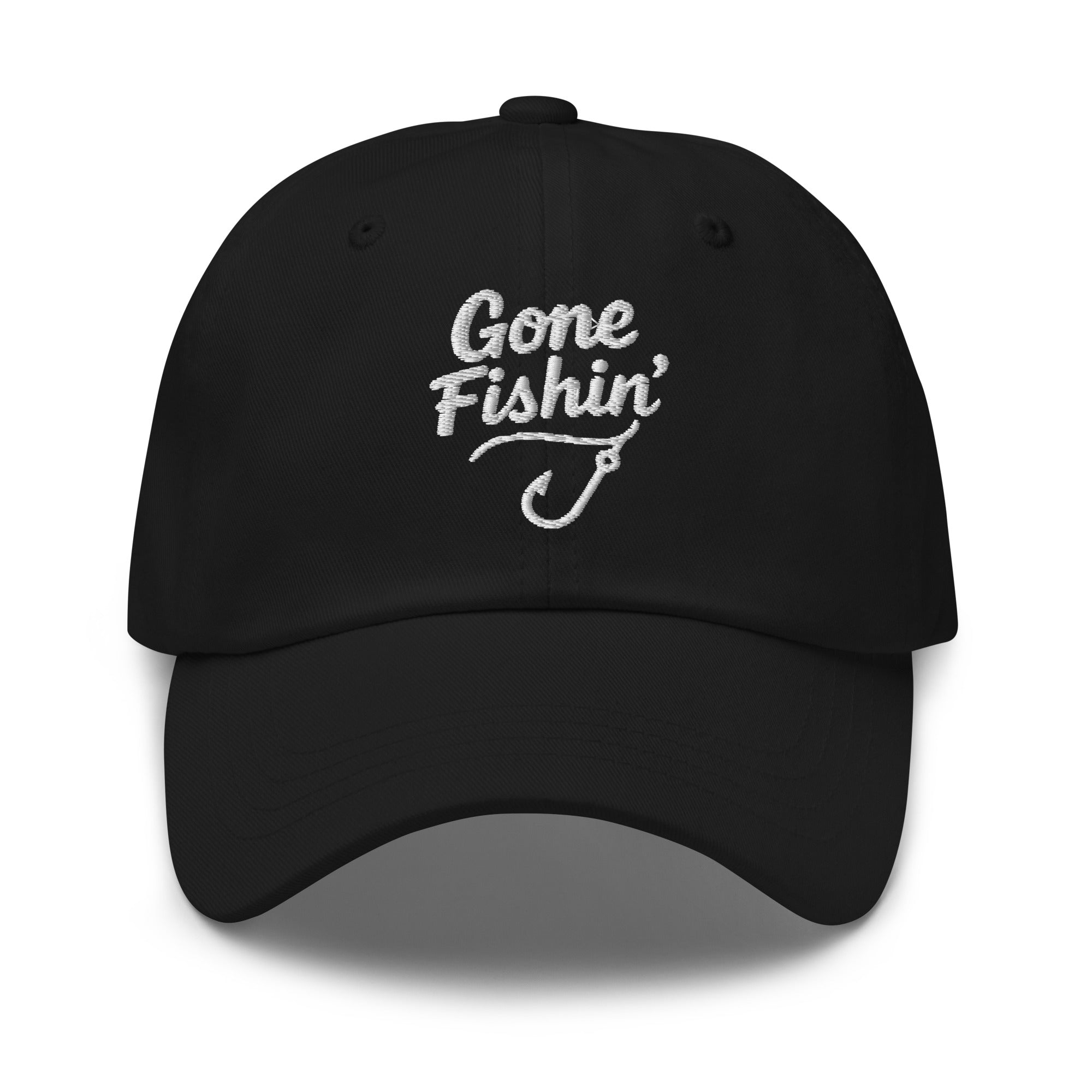 Gone Fishing embroidered black dad hat front view