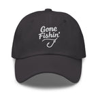 Gone Fishing embroidered dark gray dad hat front view