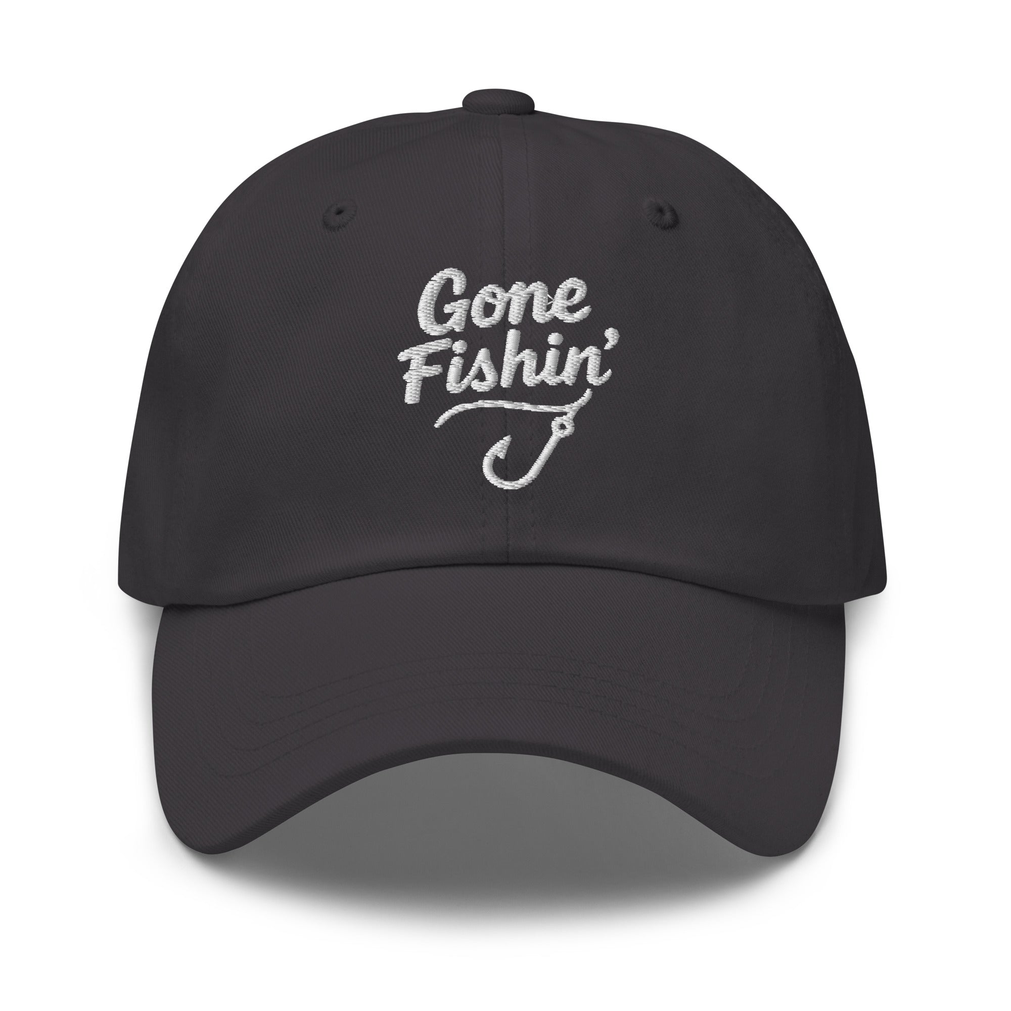 Gone Fishing embroidered dark gray dad hat front view