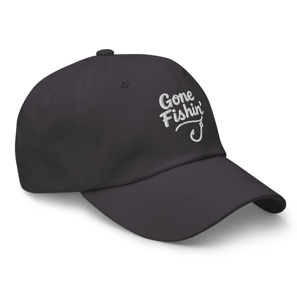 Side view of Gone Fishing dark gray dad hat