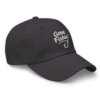 Side view of Gone Fishing dark gray dad hat