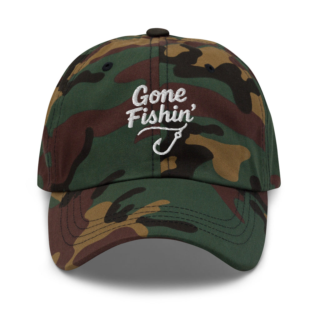 Gone Fishing embroidered green camo dad hat front view