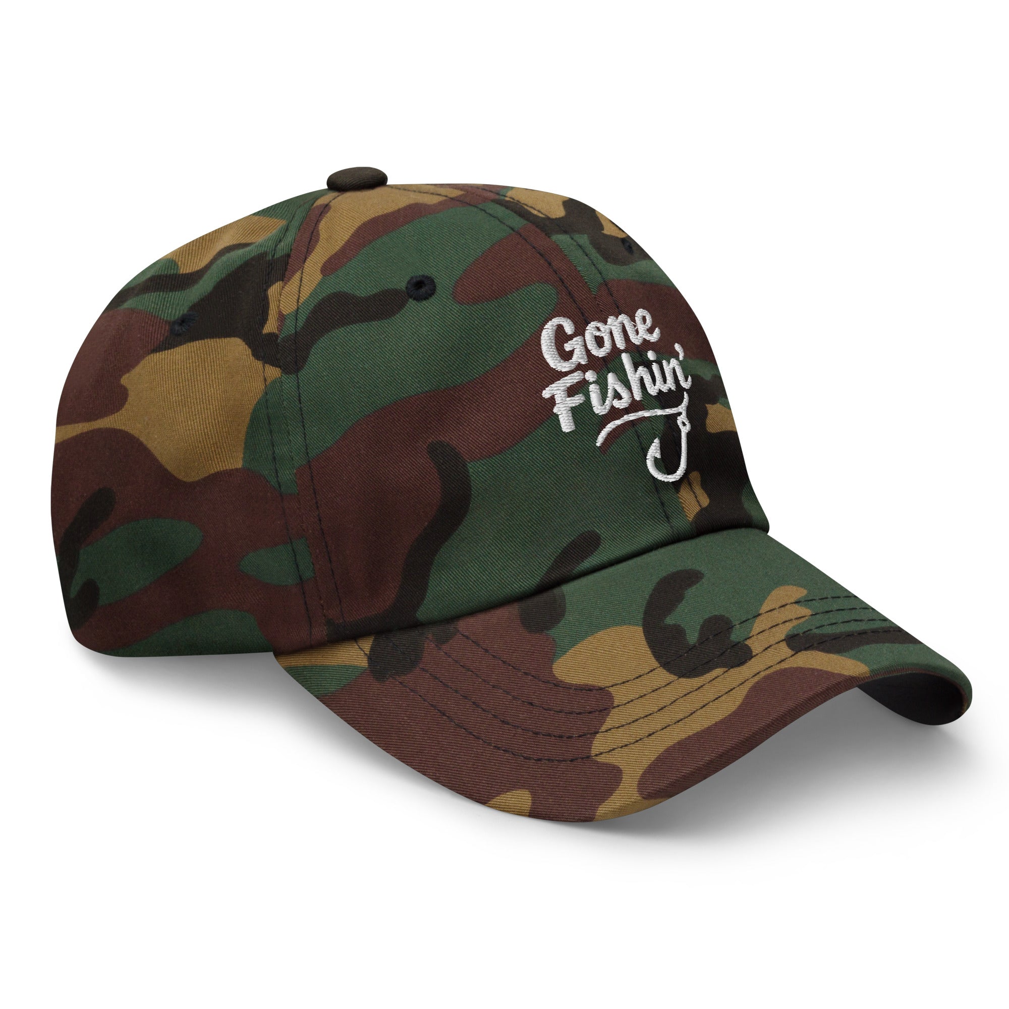 Side view of Gone Fishing green camo dad hat