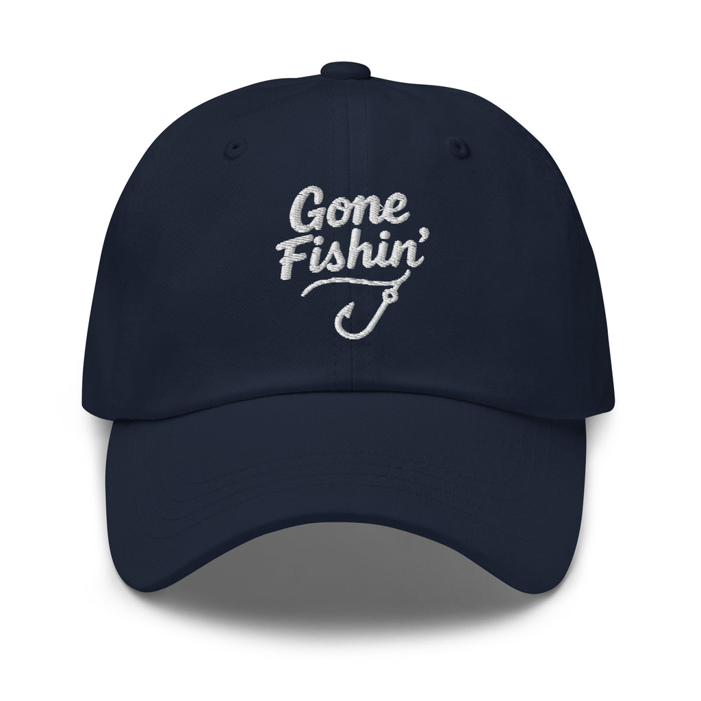 Gone Fishing embroidered navy dad hat front view