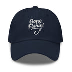 Gone Fishing embroidered navy dad hat front view