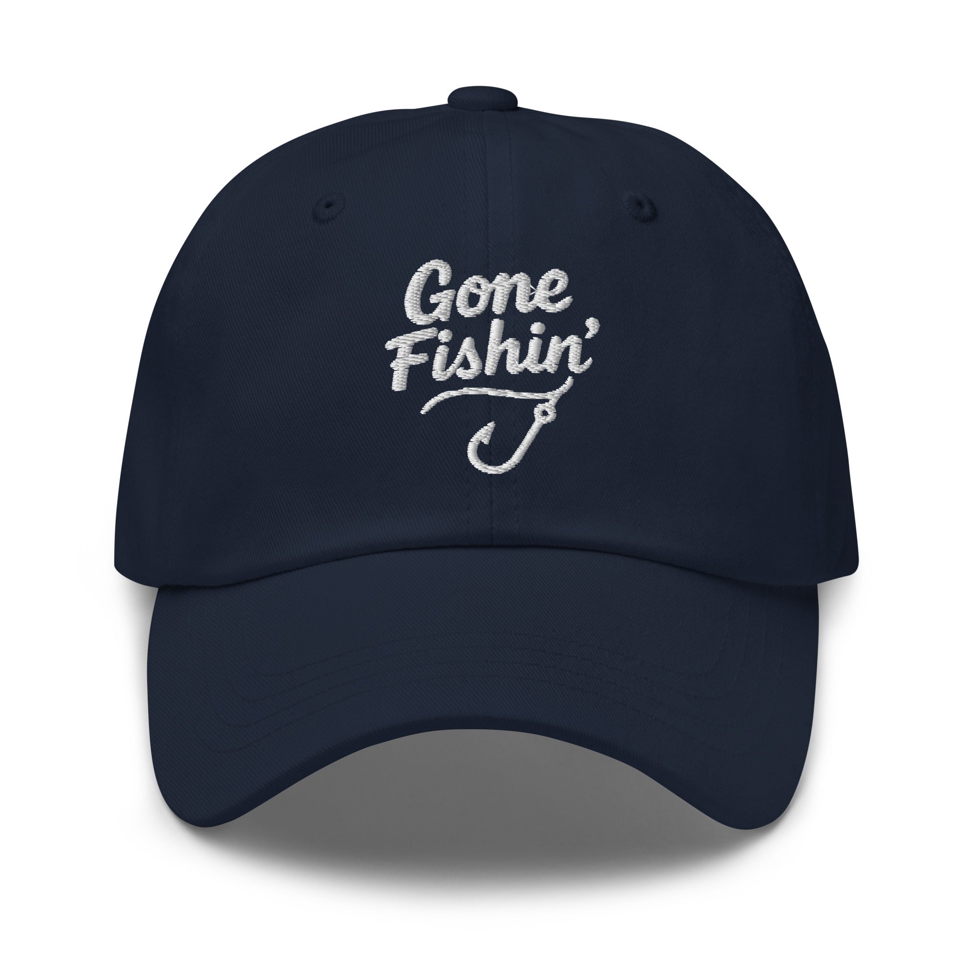 Gone Fishing embroidered navy dad hat front view
