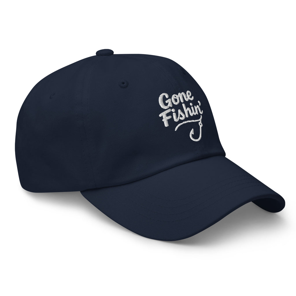 Side view of Gone Fishing navy dad hat