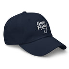 Side view of Gone Fishing navy dad hat