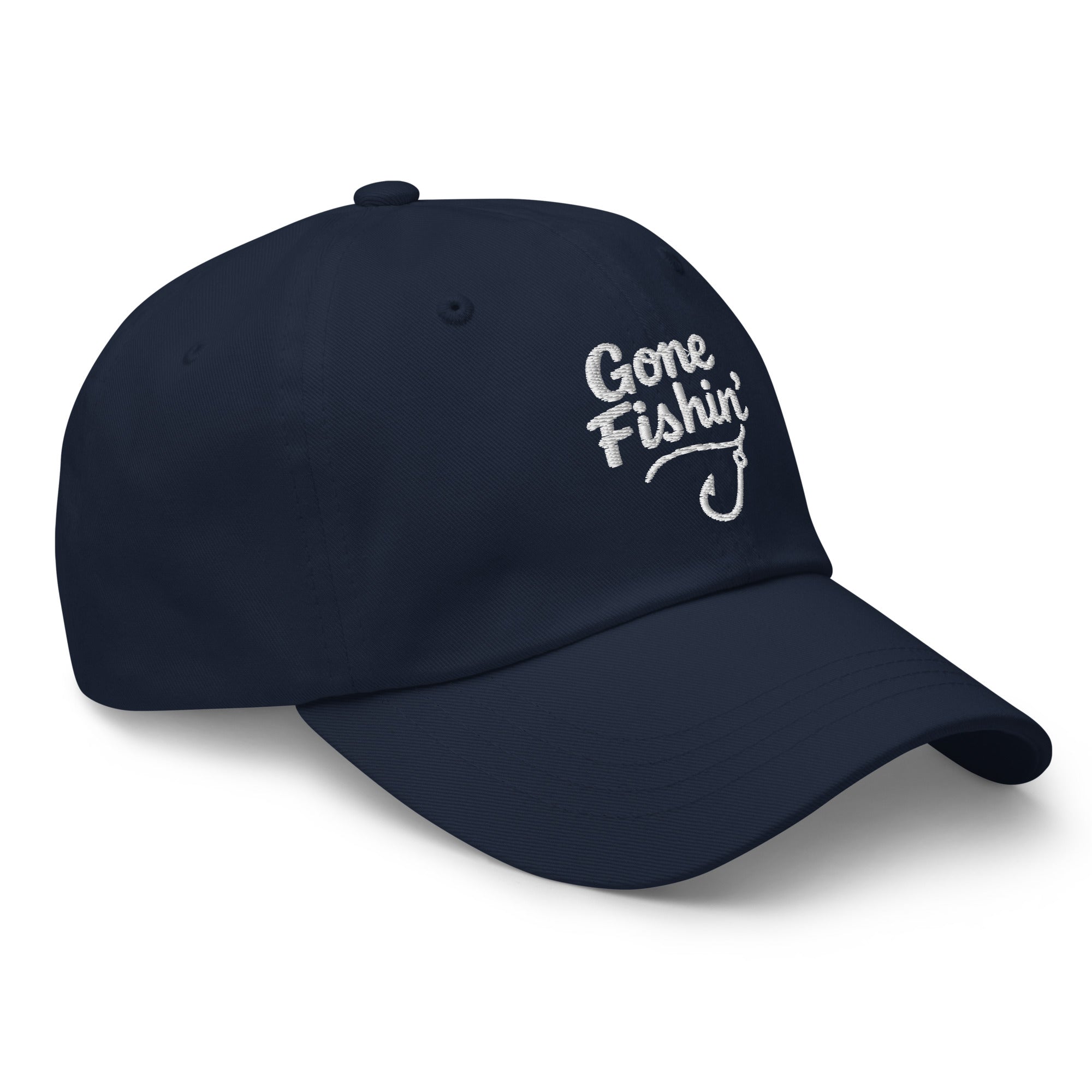 Side view of Gone Fishing navy dad hat
