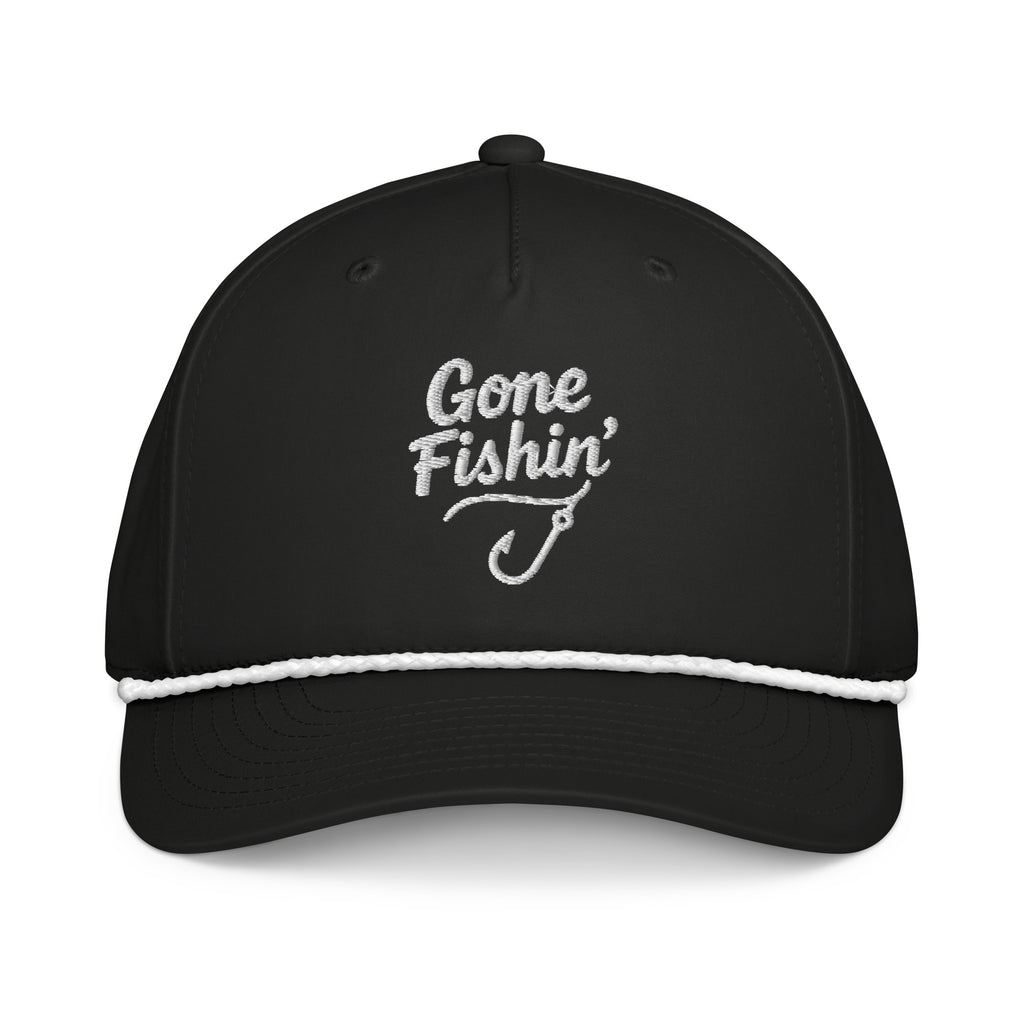 Gone Fishing embroidered black rope hat with white rope front view