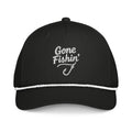 Gone Fishing embroidered black rope hat with white rope front view