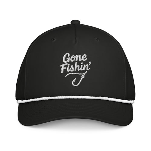 Gone Fishing embroidered black rope hat with white rope front view