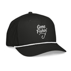 Side view of Gone Fishing black rope hat with white rope