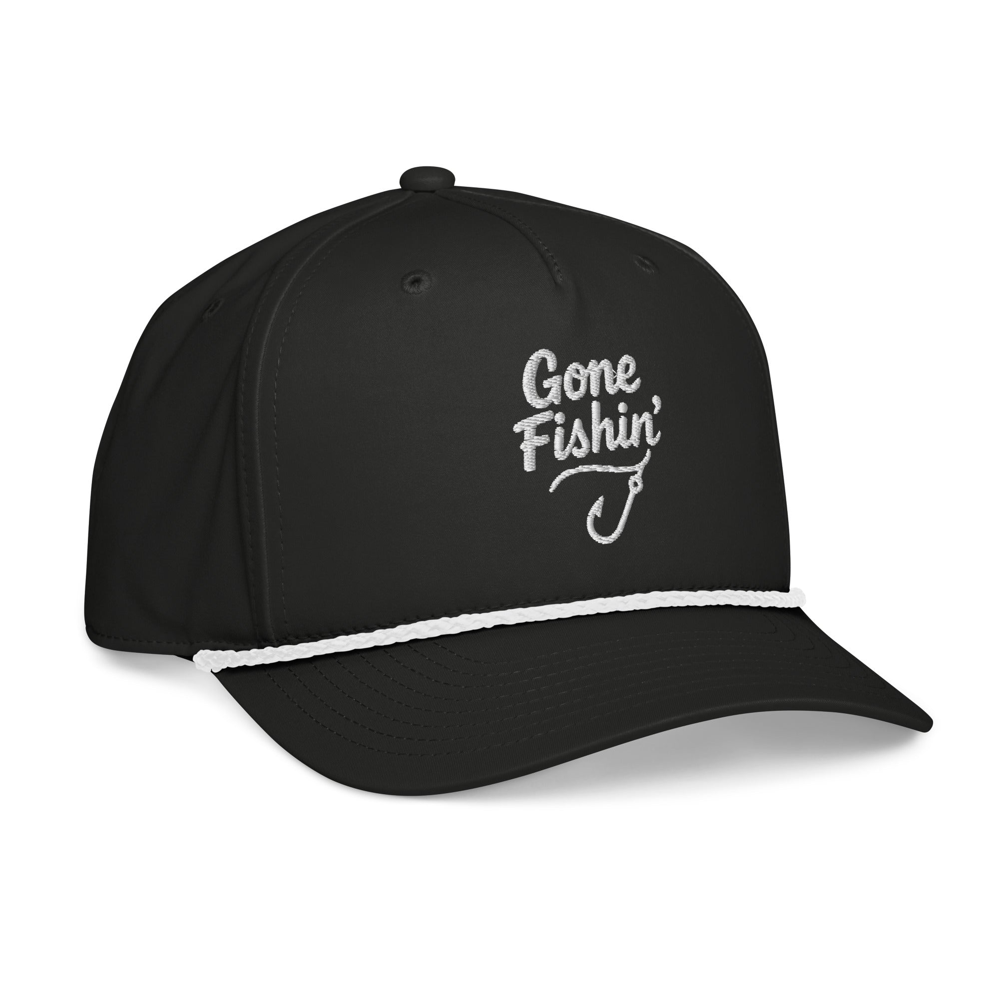 Side view of Gone Fishing black rope hat with white rope