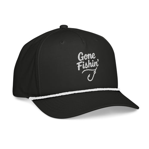 Side view of Gone Fishing black rope hat with white rope