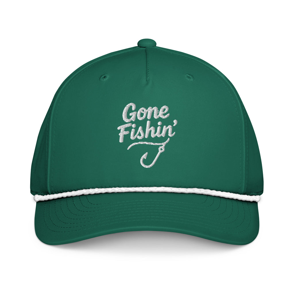 Gone Fishing embroidered kelly green rope hat with white rope front view