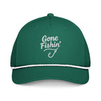 Gone Fishing embroidered kelly green rope hat with white rope front view