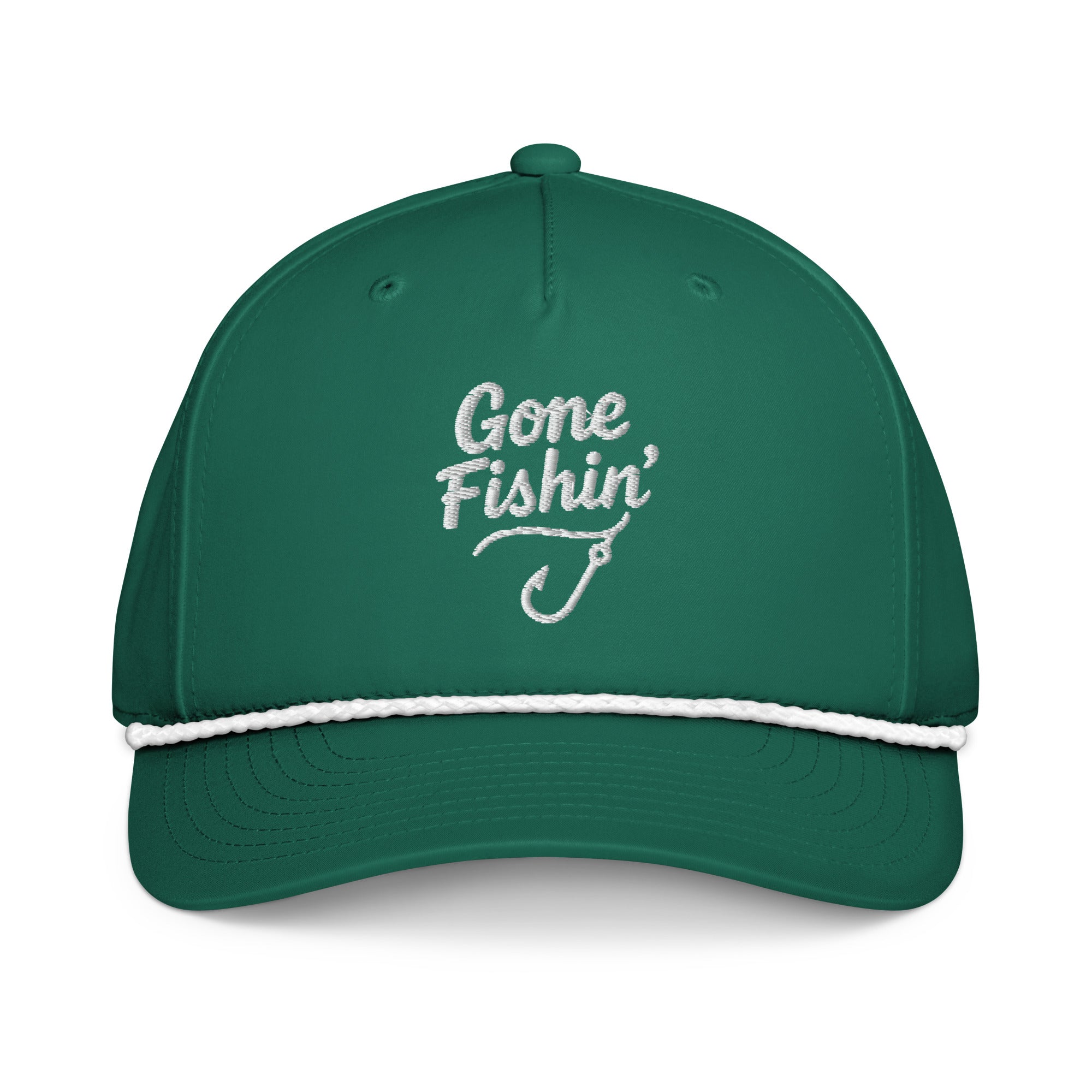Gone Fishing embroidered kelly green rope hat with white rope front view