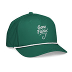Side view of Gone Fishing kelly green rope hat with white rope