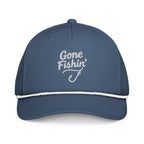 Gone Fishing embroidered light blue rope hat with white rope front view