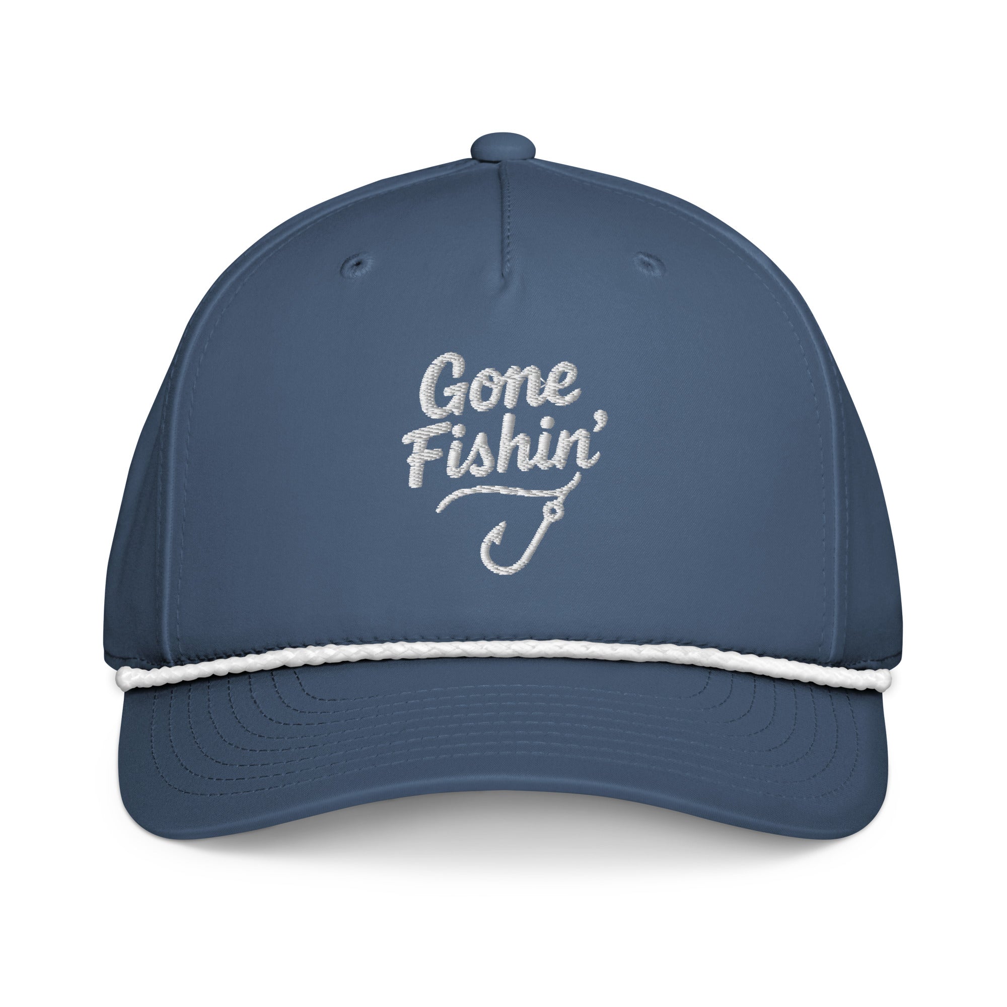 Gone Fishing embroidered light blue rope hat with white rope front view