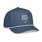 Side view of Gone Fishing light blue rope hat with white rope