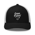 Gone Fishing embroidered black and white trucker hat front view