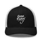 Gone Fishing embroidered black and white trucker hat front view