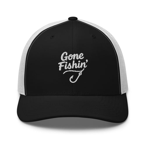 Gone Fishing embroidered black and white trucker hat front view
